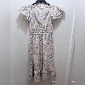 Moon River Cream Floral V-Neck Ruffle Midi Dress